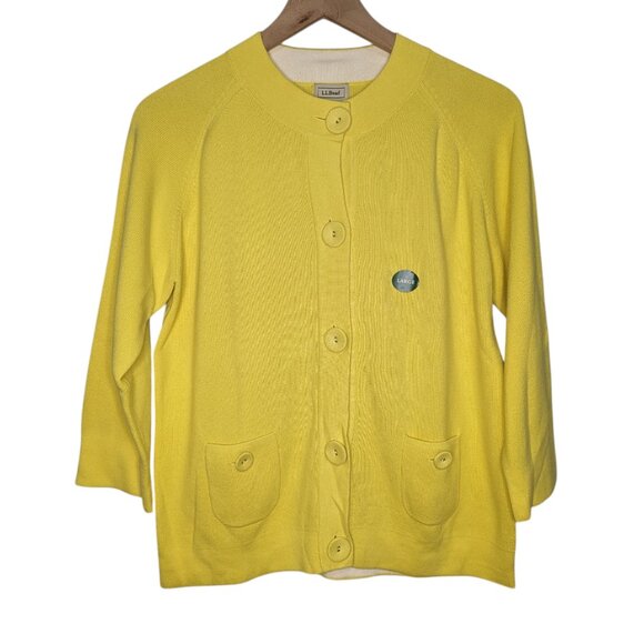 NWT LL Bean Cardigan Sweater Knit 100% Cotton Bright Yellow Whimsy Dopamine L - Picture 5 of 5